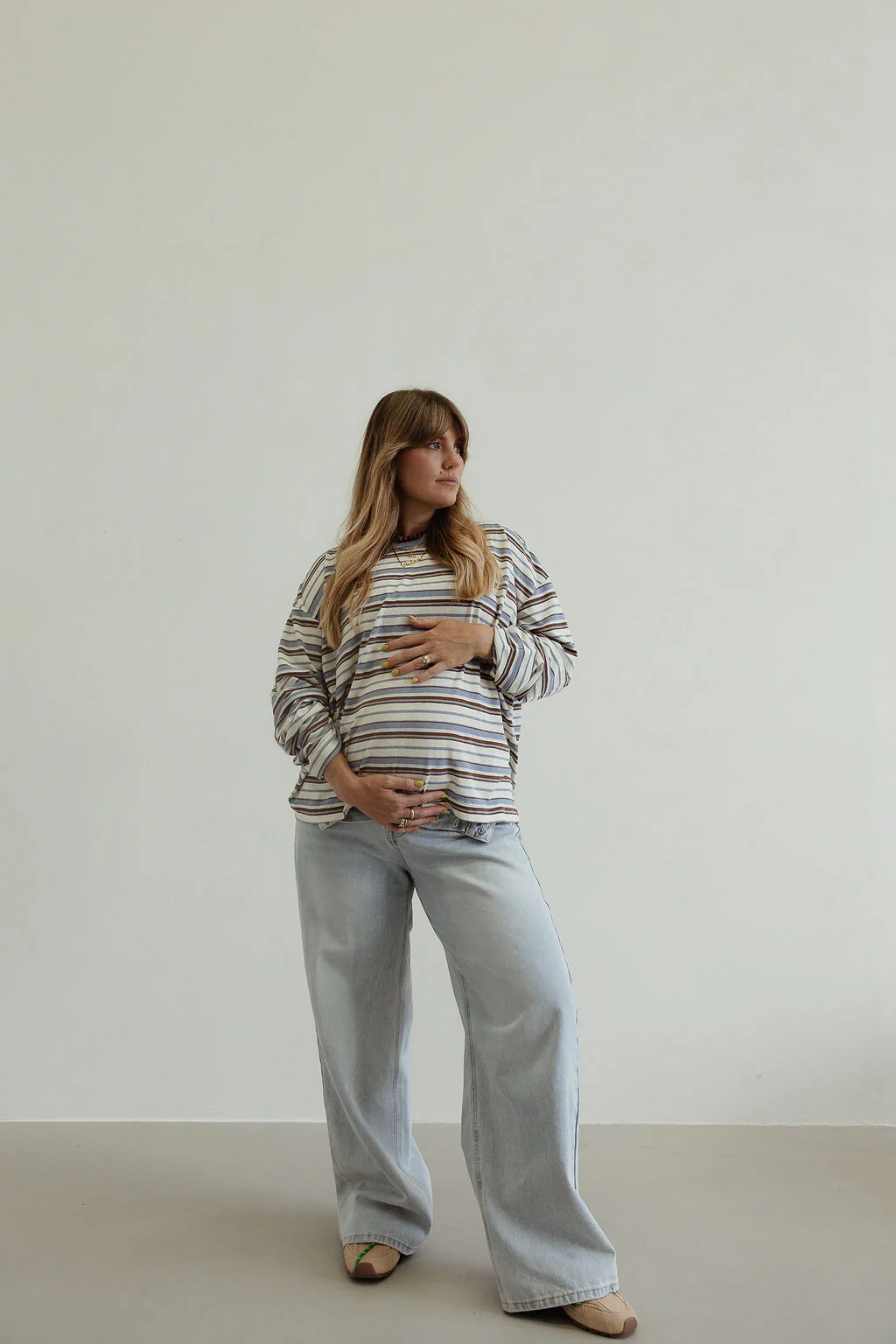 Stripe oversized l/s tee - white/blue/brown - Image 3